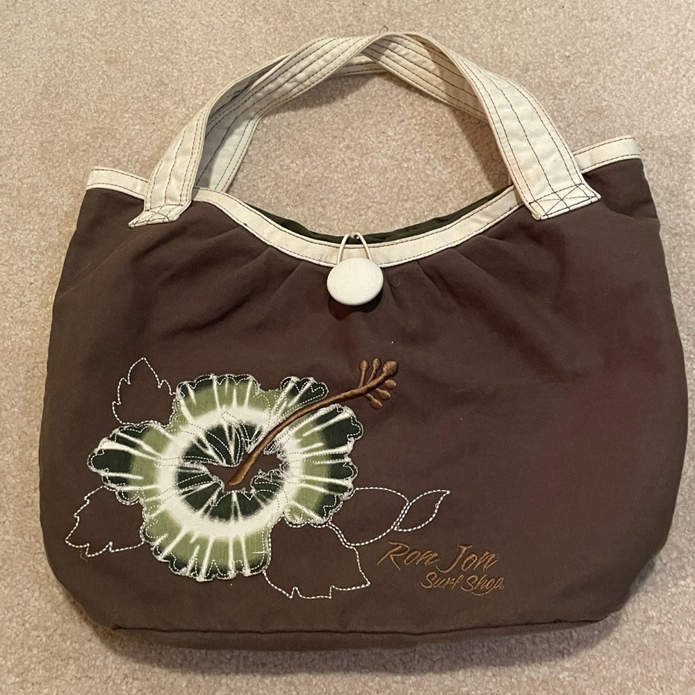 Run Jon Surf Shop Brown Canvas Floral Tote with Cream Handles